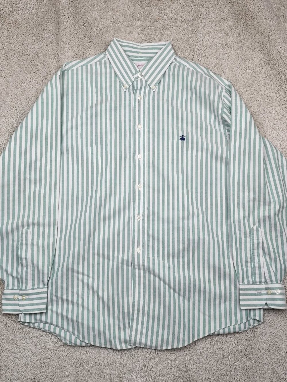 Brooks Brothers Button Down Shirt Mens Large L Green Oxford 100% Supima Stripe - Picture 1 of 7